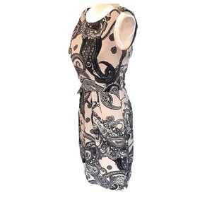 Vintage Rabbitt fitted sheath dress sz 6 tan black paisley rayon sleeveless